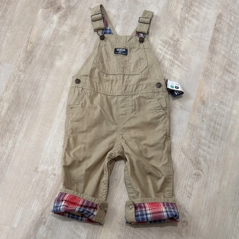 OshKosh B'gosh Tan Overalls with Red Plaid Cuffs